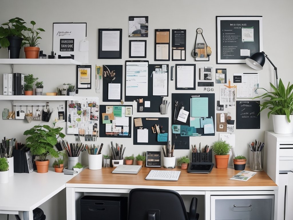 A well-organized, distraction-free workspace with essential tools, plants for freshness, and a motivational quote on the wall.