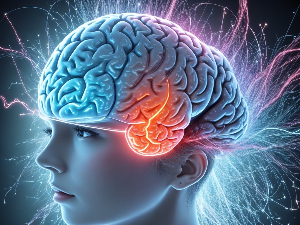 Design an image showcasing a brain illuminated and glowing. Surrounding the brain, depict various forms of exercise like running, weightlifting, and swimming. Intersperse the image with smaller visuals of scientific graphs or brain waves, and people having 'eureka' moments, symbolizing mental clarity.