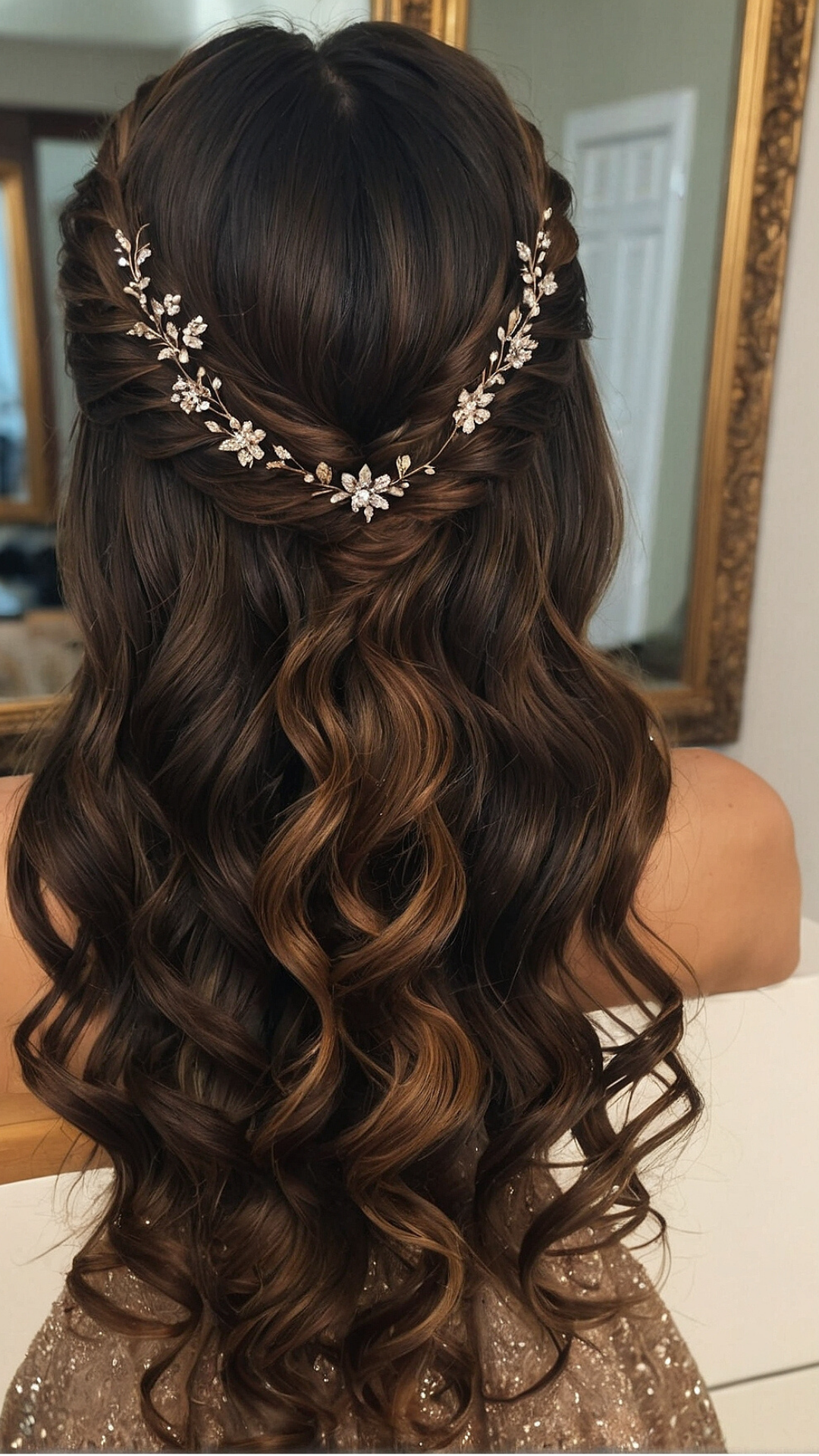Chic Brown Cascading Waves with Floral Wreath