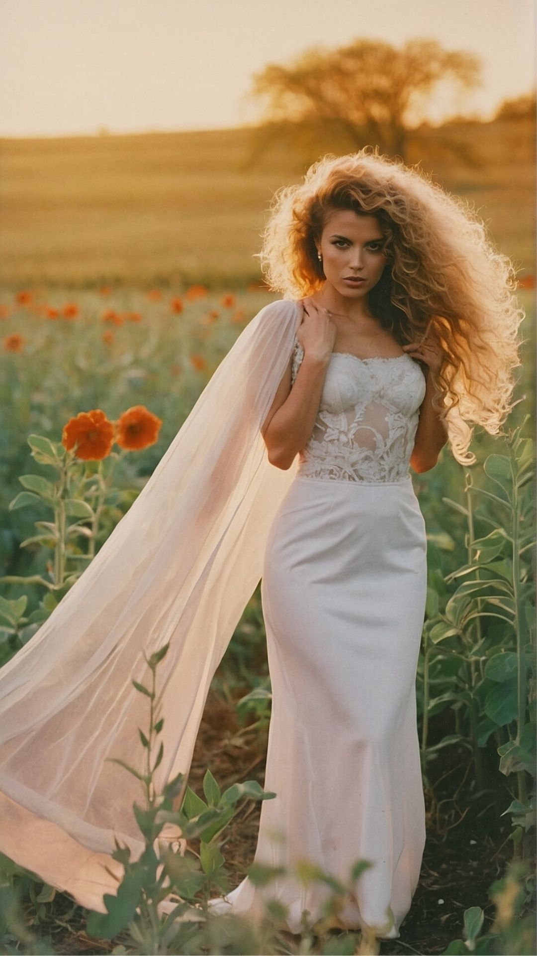 Sunset Glow: Floral Lace Gown Amidst Wildflowers