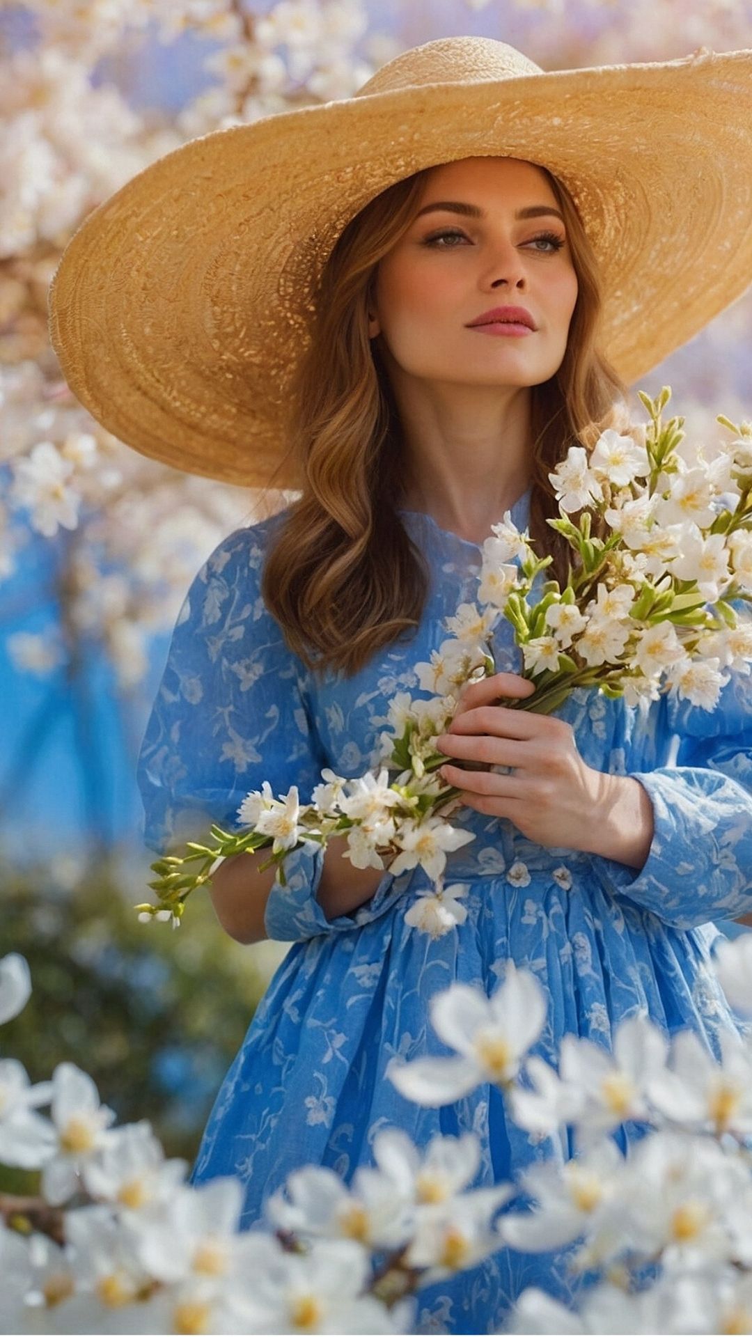 Blossom Beauty: Pastoral Blue Dress & Wide-Brimmed Hat in Spring