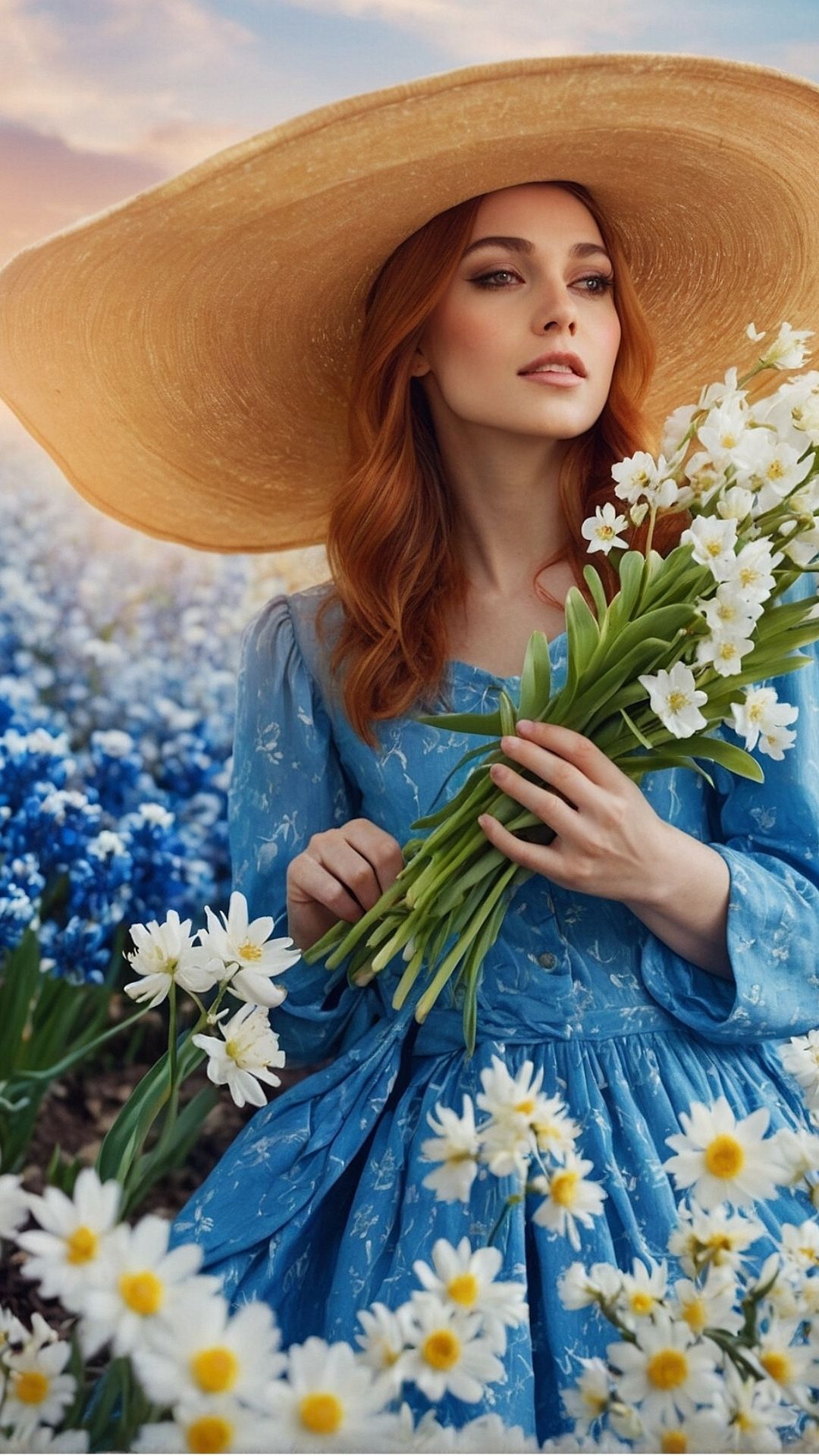 Bloom Enchantment: Sun-kissed Floral Dress and Straw Hat Elegance