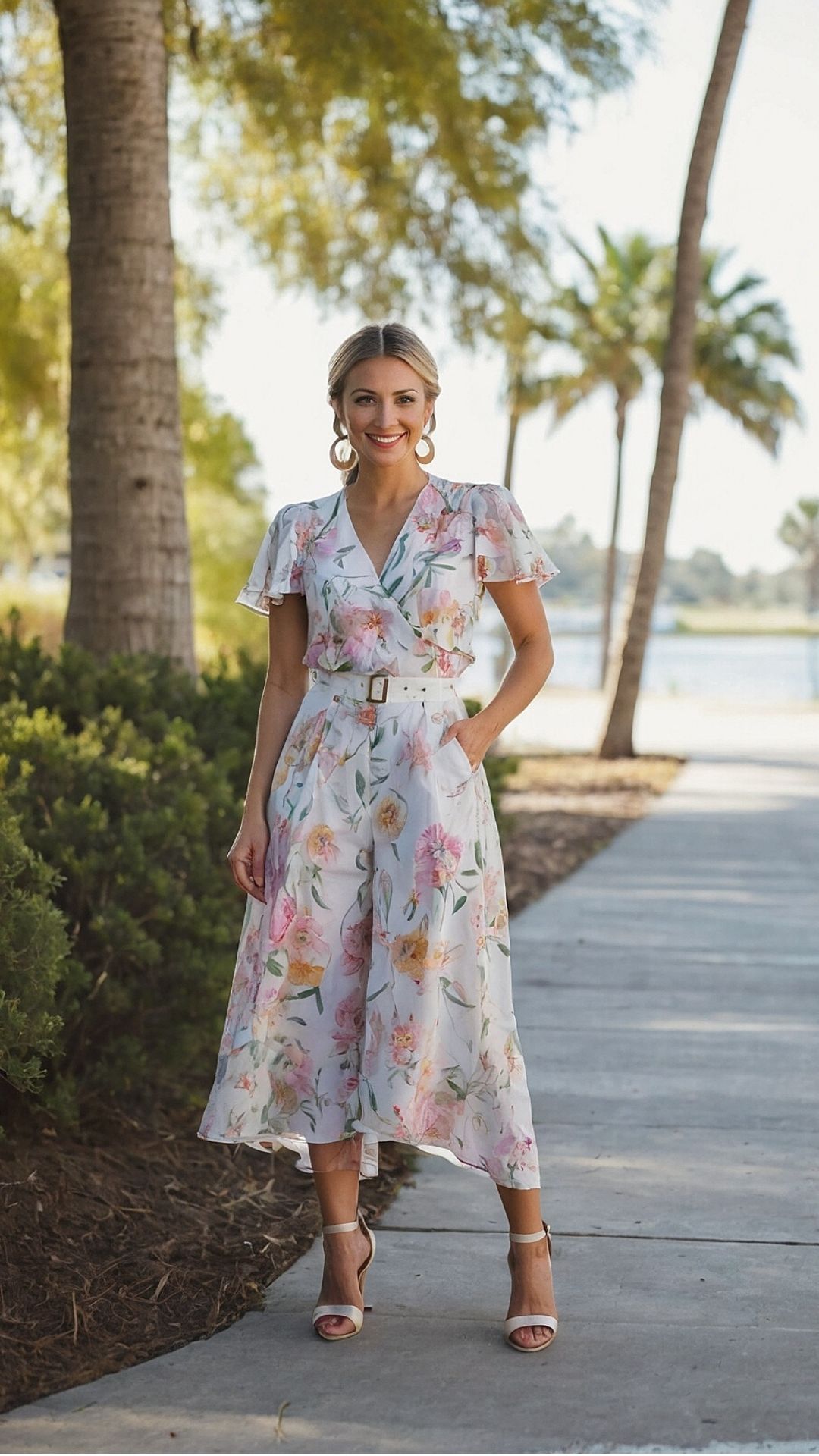 Charming Pink Blossom Belted Midi Dress