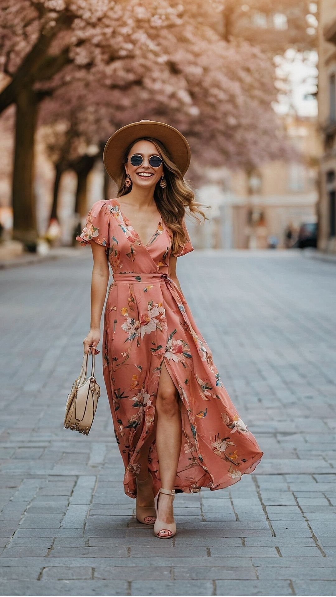 City Chic Coral Wrap Dress with Blossom Prints